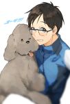  1boy absurdres black_hair blue-framed_eyewear brown_eyes dog glasses highres jacket katsuki_yuuri makkachin male_focus one_eye_closed sando_(310_sand) smile tongue tongue_out track_jacket yuri!!!_on_ice 