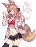  1girl ;d animal_ears bad_id black_legwear bow bow_bra bra breasts chocoan claw_pose cleavage cowboy_shot fate/extra fate_(series) fox_ears fox_tail heart jacket jewelry low_twintails navel necklace one_eye_closed open_clothes open_jacket open_mouth pink_hair red_bra scrunchie short_shorts shorts smile solo striped_jacket tail tamamo_(fate)_(all) tamamo_no_mae_(fate) thigh-highs twintails underwear white_background yellow_eyes 