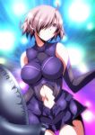  1girl ahoge armor armored_dress bare_shoulders black_gloves breasts cowboy_shot elbow_gloves fate/grand_order fate_(series) gloves hair_over_one_eye highres ka2 large_breasts lavender_hair looking_at_viewer midriff navel parted_lips shield shielder_(fate/grand_order) short_hair smile solo violet_eyes 