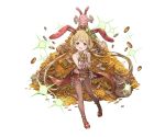  1girl :d animal_ears belt blonde_hair blush brown_eyes bunnysuit coin dice dice_hair_ornament fake_animal_ears full_body futaba_anzu gold_bar granblue_fantasy hair_ornament hair_ribbon idolmaster idolmaster_cinderella_girls long_hair low_twintails minaba_hideo money official_art open_mouth pantyhose rabbit rabbit_ears ribbon simple_background smile solo transparent_background twintails 
