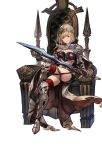  armor armored_boots boots breastplate cape chains djeeta_(granblue_fantasy) gauntlets granblue_fantasy holding holding_weapon hood legs_crossed looking_at_viewer midriff minaba_hideo shorts simple_background sitting smile sword thigh-highs throne weapon 