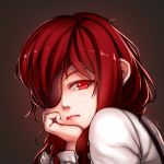  1girl 2016 bangs brown_background closed_mouth copyright_request dated eyepatch fingerless_gloves gloves hand_on_own_cheek head_rest lips long_hair long_sleeves looking_at_viewer one_eye_covered portrait red red_eyes red_lips redhead ryu_un shirt signature solo suspenders white_shirt 