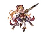  &gt;:) 1girl ankle_boots bare_shoulders black_boots blonde_hair blue_eyes boots breasts chainsaw crazy_eyes crazy_smile cross-laced_footwear doraf empty_eyes full_body granblue_fantasy grin hair_ornament hairclip hallessena hat holding horns knees_together_feet_apart lace-up_boots long_hair looking_at_viewer low_twintails medium_breasts minaba_hideo miniskirt official_art over-kneehighs plaid plaid_skirt pointy_ears red_skirt simple_background skirt smile solo thigh-highs transparent_background twintails under_boob underbust uneven_eyes white_legwear 