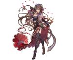  1girl argyle argyle_legwear ass belt black_legwear breasts brown_hair cleavage dagger dress flower full_body garter_straps granblue_fantasy head_wreath large_breasts lavender_eyes long_hair minaba_hideo navel navel_cutout official_art purple_rose rose rosetta_(granblue_fantasy) sheath sheathed simple_background smile solo thigh-highs transparent_background weapon 