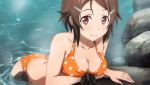  1girl bare_shoulders bent_over bikini blush breasts brown_eyes brown_hair cleavage collarbone freckles game_cg hair_ornament hairclip lisbeth looking_at_viewer onsen partially_submerged polka_dot polka_dot_bikini polka_dot_swimsuit short_hair smile solo steam swimsuit sword_art_online sword_art_online:_hollow_fragment water 