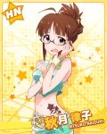  1girl akizuki_ritsuko alternate_costume antenna_hair arms_up bare_shoulders blush brown_eyes brown_hair character_name covering covering_breasts crop_top crop_top_overhang embarrassed female folded_ponytail glasses hair_bun hand_on_own_cheek idolmaster idolmaster_million_live! jpeg_artifacts kawakami_tetsuya looking_at_viewer midriff navel official_art open_mouth short_shorts shorts solo wavy_mouth wrist_cuffs yellow_background 