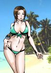  1girl beach bikini braid breasts brown_eyes brown_hair contrapposto erect_nipples front-tie_bikini front-tie_top hair_tubes hand_on_hip julia_chang large_breasts lips long_hair lowleg lowleg_bikini nail_polish namco narumi_kyousuke navel ocean sideboob solo swimsuit tekken thigh_gap tokyo_hanasai_(memenoid) twin_braids 