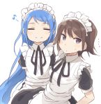  ... 2girls =_= alternate_costume apron bad_id kantai_collection long_hair maid maid_apron maid_headdress miyuki_(kantai_collection) multiple_girls musical_note personification quaver samidare_(kantai_collection) short_hair simple_background smile totoki86 white_background 