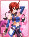  armor blue_eyes chinese_clothes cleavage_cutout crop_top eyepatch grin idolmaster idolmaster_million_live! julia_(idolmaster) looking_at_viewer midriff navel official_art polearm redhead smile spear weapon 