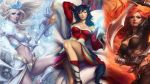  ahri black_hair blonde_hair breasts cleavage janna_windforce katarina_du_couteau league_of_legends multiple_girls pointy_ears redhead smile stanley_lau yellow_eyes 