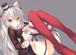  1girl amami_mikihiro amatsukaze_(kantai_collection) dress flat_chest garter_straps gloves grey_background hand_on_own_chest kantai_collection knees_up long_hair looking_at_viewer panties panty_pull red_legwear sailor_dress silver_hair single_glove solo striped striped_legwear thigh-highs two_side_up underwear white_gloves yellow_eyes 
