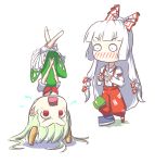  blush book dropping embarrassed ex-keine fujiwara_no_mokou highres horns kamishirasawa_keine kicking_legs no_pupils peroponesosu. red_eyes standing stuck surprised sweatdrop touhou upside-down upskirt white_background 