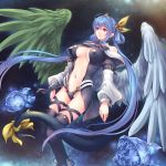  1girl arc_system_works asymmetrical_wings bare_shoulders black_legwear black_panties blue_hair breasts center_opening choker cleavage detached_collar detached_sleeves dizzy ears full_body guilty_gear guilty_gear_x guilty_gear_xx hair_ribbon hair_rings highres kneehighs legwear long_hair midriff navel necro open_mouth panties red_eyes ribbon solo tail tail_ribbon thigh-highs thigh_strap toshi twintails under_boob underwear undine_(guilty_gear) very_long_hair wings 