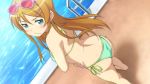  &gt;:&lt; 1girl artist_request ass back barefoot bikini brown_hair closed_mouth dutch_angle embarrassed game_cg hair_ornament hairclip kousaka_kirino looking_back official_art ore_no_imouto_ga_konna_ni_kawaii_wake_ga_nai pool pool_ladder poolside side-tie_bikini sunglasses sunglasses_on_head swimsuit water 