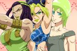  3girls black_hair breasts double_bun ermes_costello foo_fighters green_eyes green_hair green_lipstick hairlocs hermes_costello jojo_no_kimyou_na_bouken kuujou_jolyne large_breasts lipstick makeup multiple_girls shimotsuki_kitsune tan two-tone_hair 