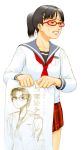  1girl black_hair blush clenched_teeth commentary_request glasses original ponytail red-framed_glasses school_uniform serafuku simple_background solo sweatdrop tearing_paper teeth tenji_sanmon white_background 