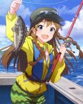  1girl blue_eyes braid brown_hair fish fishing_rod glasses glasses_on_head hat idolmaster idolmaster_million_live! kousaka_umi long_hair official_art solo tagme 