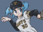  &gt;:( 1girl a-king alternate_costume baseball baseball_cap baseball_glove baseball_jersey baseball_uniform black_hat blue_background blue_eyes blue_hair hair_cubes hair_ornament hat logo naganohara_mio nichijou nippon_professional_baseball pitching short_hair short_twintails simple_background solo sportswear twintails yomiuri_giants 
