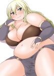  1girl blonde_hair blush bra breasts bridal_gauntlets come_hither fat green_eyes hand_on_own_stomach huge_breasts katou_(katohayabusa) loincloth long_hair midriff navel original smile solo thick_thighs thighs underwear very_long_hair 