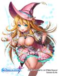  1girl aile_(crossroads) blonde_hair blue_eyes blush breasts cleavage hat long_hair magic official_art original sirius_(soccer_spirits) smile soccer_spirits solo watermark witch_hat 