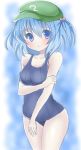  1girl absurdres blue_eyes blue_hair hair_bobbles hair_ornament hat highres kawashiro_nitori school_swimsuit short_hair swimsuit touhou twintails utako_(kuromosuki) 