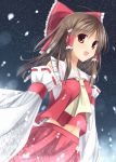  1girl bow brown_hair detached_sleeves hair_bow hair_tubes hakurei_reimu leyte long_hair looking_at_viewer open_mouth red_eyes skirt sky solo star_(sky) starry_sky touhou 