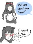  1girl adjusting_glasses animal_ears black_hair blake_belladonna cat_ears comic english glasses glasses_on_head long_hair red-framed_glasses roman_imperial rwby semi-rimless_glasses solo truth under-rim_glasses 