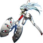  1girl android aqua_hair atlus axe battle_axe blue_hair dark_persona full_body headphones highres knee_pads labrys long_hair megami_tensei miniskirt persona persona_4 persona_4:_the_ultimate_in_mayonaka_arena persona_4:_the_ultimax_ultra_suplex_hold pleated_skirt ponytail robot_joints school_uniform shadow_(persona) shin_megami_tensei skirt soejima_shigenori solo transparent_background very_long_hair weapon yellow_eyes 