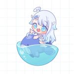  1girl :d ahoge amatsuka_uto bikini blue_eyes blue_hair blush bubble dip-dyed_hair eyebrows_visible_through_hair frilled_bikini frilled_bikini_bottom frills gradient_hair grid grid_background hair_ornament hairclip indie_virtual_youtuber konpeiteru light_blue_hair multicolored_hair open_mouth pointing_to_the_side smile swimsuit two-tone_hair virtual_youtuber water whale wing_hair_ornament 