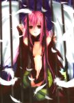  1girl angel_wings bare_shoulders black_legwear breasts center_opening cleavage detached_sleeves feathers fingerless_gloves gloves guilty_crown hair_ornament hairclip iron_bars long_hair looking_at_viewer navel open_mouth pink_hair red_eyes sitting solo thigh-highs twintails wariza wings yuzuriha_inori 
