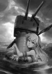  1girl cannon doyora elbow_gloves gloves hairband innertube kantai_collection lifebuoy long_hair looking_at_viewer monochrome ocean partially_submerged personification rensouhou-chan shimakaze_(kantai_collection) solo 