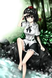  1girl :&lt; barefoot black_hair bow bowtie brown_eyes expressionless hand_to_forehead hat highres looking_afar looking_at_viewer rock shading_eyes shameimaru_aya shirt short_hair sitting skirt solo soukitsu tokin_hat touhou tree tree_shade water 