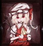  1girl arm_garter arm_ribbon ascot bangs blonde_hair collared_shirt cowboy_shot fangs flandre_scarlet frilled_shirt_collar frilled_sleeves frills hair_between_eyes hat highres holding holding_weapon laevatein looking_at_viewer mob_cap open_mouth red_eyes red_skirt red_vest ribbon sash shirt short_hair short_sleeves skirt skirt_set slit_pupils solo teeth touhou vest weapon white_shirt wings 
