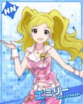  1girl blonde_hair blue_background character_name cuffs emily_stewart emily_stuart female hairband idolmaster idolmaster_million_live! jewelry kawakami_tetsuya long_hair looking_at_viewer necklace necktie official_art open_mouth solo twintails violet_eyes wrist_cuffs 