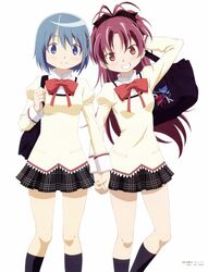  2girls absurdres bag blue_eyes blue_hair grin hand_holding highres huge_filesize interlocked_fingers kneehighs long_hair mahou_shoujo_madoka_magica mahou_shoujo_madoka_magica_movie miki_sayaka multiple_girls official_art ponytail red_eyes redhead sakura_kyouko school_bag school_uniform short_hair smile watanabe_kazuo 