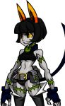  1girl alex_ahad alternate_color angry animal_ears bare_shoulders bell bell_collar belt belt_pouch black_hair bob_cut breasts buckle buttons cat_ears cat_tail claws clenched_teeth collar cowboy_shot crop_top fang female fingerless_gloves fingernails gloves green_eyes grey_skin grin homestuck jewelry midriff ms._fortune_(skullgirls) necklace nepeta_leijon official_art pale_skin pendant photoshop pocket scar sharp_fingernails short_hair short_shorts shorts skullgirls smile solo tail tattoo teeth transparent_background under_boob yellow_sclera 