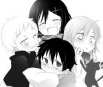  2boys 2girls ayano_no_koufuku_riron_(vocaloid) bad_id cat child hair_ornament hairclip hood hoodie kagerou_project kano_shuuya kido_tsubomi long_hair monochrome multiple_boys multiple_girls sakakimu scarf seto_kousuke short_hair smile tateyama_ayano tears younger 