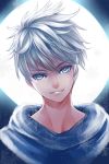  1boy aurora_rokudo blue_eyes full_moon grin head_tilt jack_frost_(rise_of_the_guardians) moon rise_of_the_guardians silver_hair smile snowflakes solo upper_body 