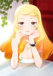  10s 1girl blonde_hair bracelet breast_rest breasts chin_rest cleavage elbow_rest grey_eyes jewelry large_breasts long_hair looking_at_viewer moran necktie nintendo no_hat parted_lips pokemon pokemon_(anime) pokemon_(game) pokemon_xy serena_(pokemon) smile solo table wristband 