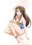  1girl aa_megami-sama absurdres anklet barefoot belldandy blue_eyes bracelet breasts brown_hair cleavage earrings facial_mark feet forehead_mark highres jewelry legs long_hair matsubara_hidenori one-piece_swimsuit parted_lips ring shiny shiny_skin simple_background smile solo swimsuit white_background 
