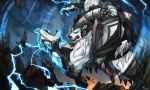  armor bared_teeth bear blue_eyes electricity fangs forehead_protector gauntlets glowing glowing_eyes highres league_of_legends muscle neo-tk.. no_humans no_pupils pauldrons plate_armor polar_bear solo volibear 