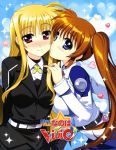  2girls absurdres blonde_hair blue_eyes blush brown_hair copyright_name fate_testarossa fujima_takuya heart highres kiss long_hair lyrical_nanoha mahou_shoujo_lyrical_nanoha mahou_shoujo_lyrical_nanoha_vivid military military_uniform multiple_girls official_art red_eyes side_ponytail smile sparkle takamachi_nanoha uniform very_long_hair violet_eyes yuri 