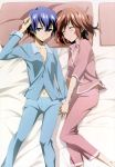  2girls absurdres akuma_no_riddle azuma_tokaku blue_eyes blue_hair breasts cleavage closed_eyes hand_holding highres ichinose_haru lying multiple_girls nyantype official_art on_back on_side pajamas pillow redhead short_hair yuri 