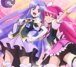  2girls ^_^ aino_megumi closed_eyes cure_fortune cure_lovely gurasan_(happinesscharge_precure!) hair_down hand_on_another&#039;s_shoulder hands_on_hips happinesscharge_precure! haruyama_kazunori hikawa_iona long_hair magical_girl multiple_girls no_panties open_mouth pink_hair pink_skirt ponytail precure purple_hair purple_skirt skirt smile thigh-highs very_long_hair violet_eyes 