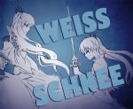  1girl bloodycolor blue_background character_name closed_eyes dress from_side holding holding_sword holding_weapon kuma_(bloodycolor) monochrome profile rapier rwby simple_background sword weapon weiss_schnee 