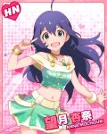  1girl :d ahoge aqua_eyes blue_hair bracelet character_name choker female heart idolmaster idolmaster_million_live! jewelry kawakami_tetsuya long_hair looking_at_viewer lots_of_jewelry midriff mochizuki_anna navel necklace official_art open_mouth pink_background skirt smile solo 