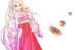  1girl :o aqua_eyes blonde_hair braid dying0414 eating food hair_between_eyes hand_up holding holding_food ia_(vocaloid) japanese_clothes kimono long_hair long_skirt looking_at_viewer open_mouth pink_kimono ponytail red_skirt side_ponytail simple_background skirt solo takoyaki tray very_long_hair vocaloid white_background wide_sleeves 