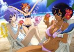  3girls :d absurdres alternate_hairstyle bandeau barefoot beach bikini black_hair blue_eyes breasts captain_earth casual_one-piece_swimsuit chair cleavage clouds cup dark_skin drink drinking drinking_glass drinking_straw flat_chest flower hair_flower hair_ornament hair_up hasegawa_hitomi highres lappa large_breasts lavender_eyes lavender_hair light_rays lounge_chair midriff multiple_girls mutou_hana navel o3o official_art one-piece_swimsuit open_mouth orange_hair pink_bikini pitz setsuna_(captain_earth) side-tie_bikini sky small_breasts smile striped striped_swimsuit sunbeam sunlight swimsuit violet_eyes wet yomatsuri_akari 