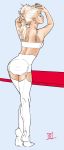  1girl adjusting_hair art_nouveau bra closed_eyes from_behind garter_belt garter_straps highres lingerie long_hair panties pinup roman_imperial rwby solo standing thigh-highs tiptoes underwear underwear_only weiss_schnee white_bra white_hair white_legwear white_panties 