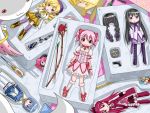  5girls action_figure akemi_homura alternate_hairstyle black_hair bow charlotte_(madoka_magica) figure glasses gloves gun hairband highres hohetomaru kaname_madoka kyubey long_hair magical_girl magical_musket mahou_shoujo_madoka_magica miki_sayaka multiple_girls musket pantyhose pink_hair sakura_kyouko shield short_hair skirt sword thigh-highs tomoe_mami weapon 